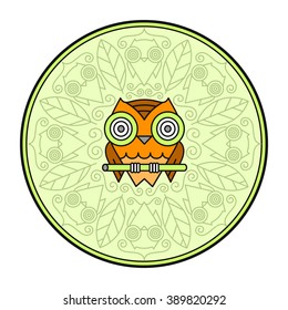 Psychedelic cute owl with floral pattern on background. Vector flat design illustration.