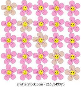 Psychedelic daisy flower pattern with retro-style smiles on a white background. Pink, flower, smile, 70's.