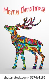 Psychedelic Deer Stag Body Silhouette Merry Christmas Poster Flyer Layout Template Vector Illustration
