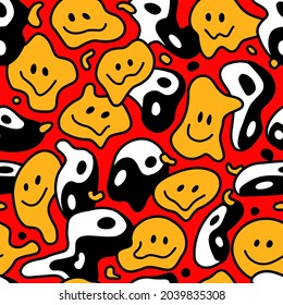 Psychedelic deformed wavy smile face and Yin Yang seamless pattern. Vector hand drawn line doodle cartoon  illustration wallpaper. Trippy smiley lsd print,Yin Yang,smile face seamless pattern concept
