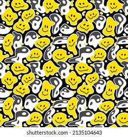 Cara de sonrisa ondulada con deformación psicodélica y patrón impecable de Yin Yang. Papel de fondo de la ilustración de dibujos animados con línea dibujada a mano. Trippy lsd print, Yin Yang, sonrisa cara concepto de patrón sin fisuras