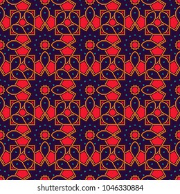 Psychedelic design element for wallpaper, scrapbooking, fabric. Vector kaleidoscope seamless pattern in pink, orange and brown colors. Mandala geometric graphic print.