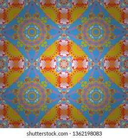 Psychedelic design element for wallpaper, scrapbooking, fabric. Mandala geometric graphic print. Vector kaleidoscope seamless pattern in red, blue and yellow colors.