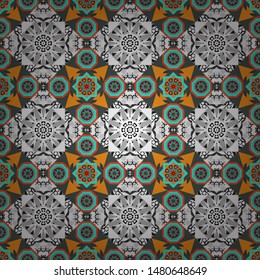 Psychedelic design element for wallpaper, scrapbooking, fabric. Mandala geometric graphic print. Vector kaleidoscope seamless pattern in gray, orange and blue colors.
