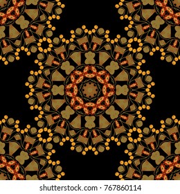 Psychedelic design element for wallpaper, scrapbooking, fabric. Vector kaleidoscope seamless pattern in brown, red and black colors. Mandala geometric graphic print.