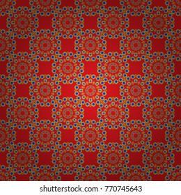 Psychedelic design element for wallpaper, scrapbooking, fabric. Vector kaleidoscope seamless pattern in blue, neutral and orange colors. Mandala geometric graphic print.