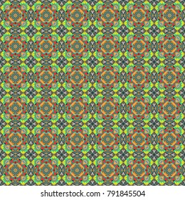 Psychedelic design element for wallpaper, scrapbooking, fabric. Vector kaleidoscope seamless pattern in blue, green and yellow colors. Mandala geometric graphic print.