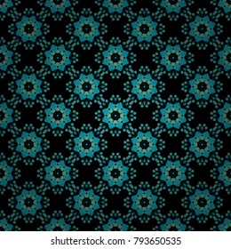 Psychedelic design element for wallpaper, scrapbooking, fabric. Vector kaleidoscope seamless pattern in green, black and blue colors. Mandala geometric graphic print.