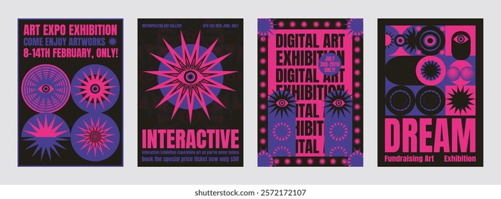 Psychedelic Digital art exhibition posters in vibrant pink and blue. Bold designs, and dream themes. Eye-catching graphics for art. Psychedelic retro poster template vectors.