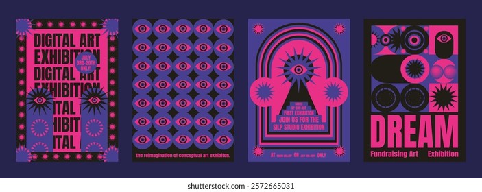 Psychedelic digital art exhibition posters in bold pink and blue. Eye motifs and geometric patterns. Modern art, digital art, and exhibition themes. Psychedelic retro poster template vectors.