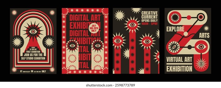 Psychedelic digital art exhibition posters with bold red and black designs. Eye motifs and text highlight the digital art theme. Psychedelic retro poster template vectors.