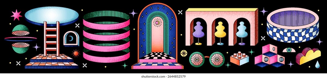 Dimensões psicodélicas e arte abstrata. Modernas ilustrações vetoriais lineares de formas, objetos 3D com contornos, escadas, portal, arco, olho, objetos de outro mundo, esotérico, abstrato, surreal