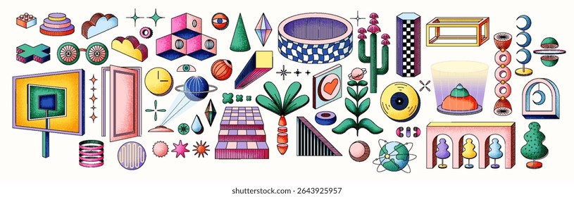 Dimensões psicodélicas e arte. Modernas ilustrações vetoriais lineares de formas abstratas, objetos 3D com contorno e contornos, flor, árvore, objetos de outro mundo, esotérico, abstrato, surreal