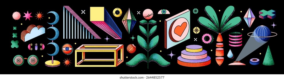 Dimensões psicodélicas e arte. Modernas ilustrações vetoriais lineares de formas abstratas, objetos 3d com retângulo de contorno, flor, nuvem, olho, coração, objetos de outro mundo, esotérico, abstrato, surreal	