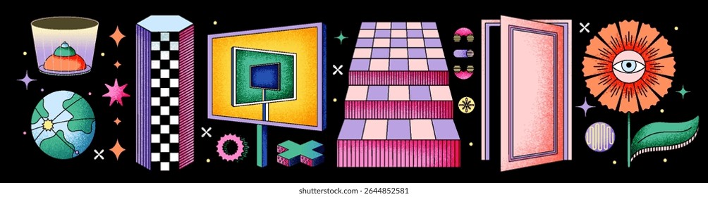 Dimensões psicodélicas e arte. Modernas ilustrações vetoriais lineares de formas abstratas, objetos 3D escadas, porta, portal, flor, tela, planeta terra, objetos de outro mundo, esotérico, abstrato, surreal	