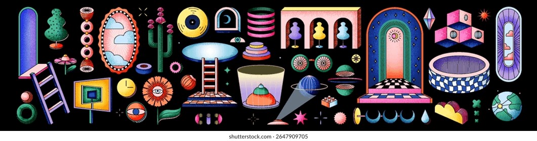 Dimensões psicodélicas e arte. Modernas ilustrações vetoriais lineares de formas abstratas, objetos 3D com contorno e contorno, objetos de outro mundo, escadas, esotéricos, abstração, surreal