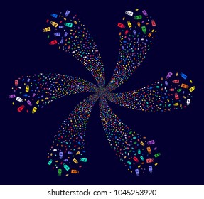 Psychedelic Discount Tag exploding flower shape on a dark background. Suggestive twirl done from random discount tag objects.