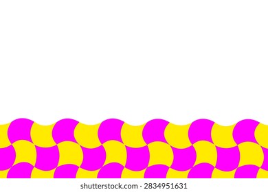 Psychedelic Distorted Checkerboard Bottom Border Vector, Wavy Hypnotic Grid Footer Layout with Electric Fuchsia and Yellow Flat Colors.