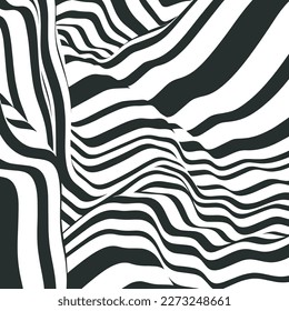 Psychedelic distorted lines backdrop. Abstract striped mountains pattern. Texture with wavy hills, curves stripes. Optical art background. Wave black and white 3D design. Vector