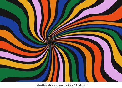 Psychedelic distorted twisted colorful ray pattern on black background. Groovy abstract design in 60-70s style. Retro sunburst backdrop