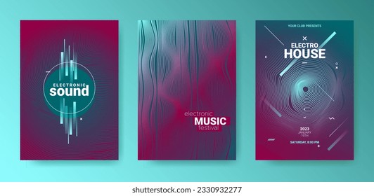 Psychedelic Dj Flyer. Electro Sound Cover. Techno Party Poster. Vector Edm Background. 3d Abstract Dj Flyer. Minimal Festiv Banner. Gradient Distort Lines. Geometric Dj Flyer Set.