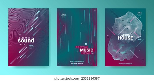Psychedelic Dj Flyer. Electro Sound Cover. Techno Music Poster. Vector 3d Background. Geometric Dj Flyer Set. Futuristic Festival Illustration. Gradient Distort Waves. Edm Abstract Dj Flyer.