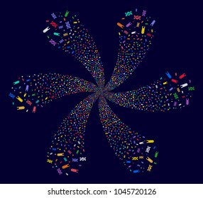 Psychedelic DNA Analysis rotation composition on a dark background. Hypnotic curl organized from scattered dna analysis items.