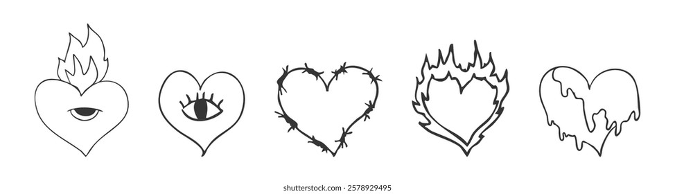 Psychedelic doodle heart barbed wire, with fire nd eye, graffiti groovy set. Retro tattoo grunge kit. Street sketch vintage aesthetic.