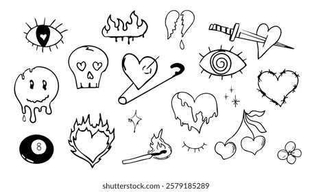 Psychedelic doodle heart barbed wire, with fire nd eye, graffiti groovy set. Retro tattoo grunge lucky ball, disko ball. Street sketch skull and fire vintage aesthetic.