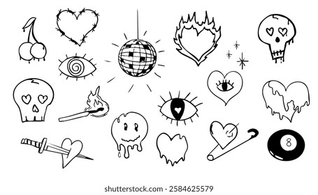 Psychedelic doodle heart barbed wire, with fire and eye, graffiti groovy set. Retro tattoo grunge kit. Disco ball heart with pin, magic eight ball. 
