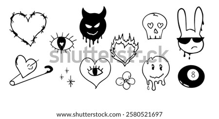 Psychedelic doodle heart barbed wire, with fire nd eye, graffiti groovy set. Retro tattoo grunge lucky ball, disko ball. Street sketch skull and fire vintage aesthetic.