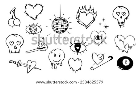 Psychedelic doodle heart barbed wire, with fire and eye, graffiti groovy set. Retro tattoo grunge kit. Disco ball heart with pin, magic eight ball. 