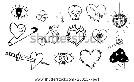 Psychedelic doodle heart barbed wire, with fire and eye, graffiti groovy set. Retro tattoo grunge kit. Disco ball heart with pin, magic eight ball. 
