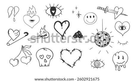 Psychedelic doodle heart barbed wire, with fire and eye, graffiti groovy set. Retro tattoo grunge kit. Disco ball heart with pin, magic eight ball. 