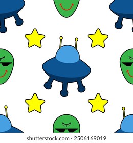 psychedelic drawing head alien creature in glasses and flying saucer in outer space on white background