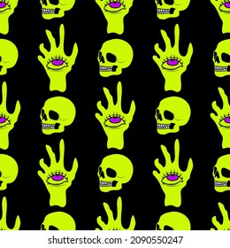 Psychedelic drawings 
eyes, zombie hand and skull pattern. Psychedelic  seamless pattern. Seamless pattern - Halloween. Crazy cartoon hand drawn colorful illus.