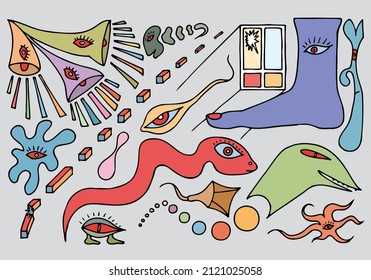 Psychedelic drawings of various creatures with eyes in doodle style. Psychedelic fantasies, hallucinations. Hand Drawn.	