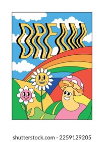 Psychedelic dream concept. Flowers and mushrooms on rainbow, imagination and fantasy. Template, layout and mock up. Hallucinations, schizophrenia and paranoia. Cartoon flat vector illustration