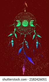 Psychedelic Dreamcatcher mandala ornament Moon Phases and bird feathers. Ancient Mystic symbol, Colorful Ethnic art with native American Indian boho design, vector isolated on red background