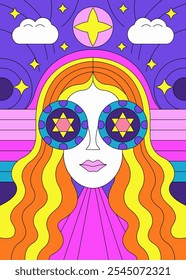 Psychedelic Dreamscape Woman with Retro Sunglasses and Cosmic Elements