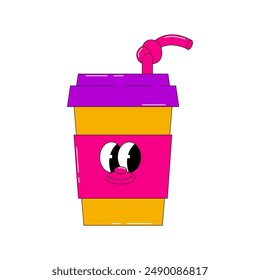 Psychedelic drink with cute face. Funny soda character in groovy style. Flat isolated vector element. Acid and bright colors