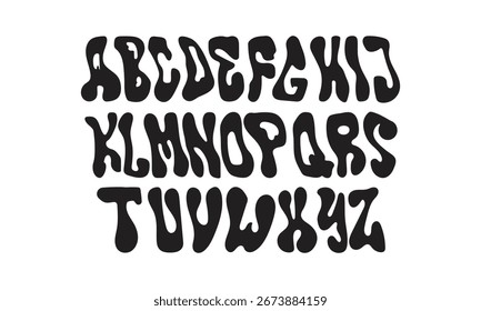 Psychedelic Drip Display Font. Bold Liquid-Inspired Uppercase Typeface with Organic Shapes for Retro Posters, Album Covers, Music Branding, Funky Packaging, and Creative Typography Design Projects