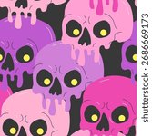 Psychedelic drippy paint skull seamless pattern. Acid bright abstract creepy skulls in cartoon style on black background. Halloween spooky dead character vector illustration for textile fabric design