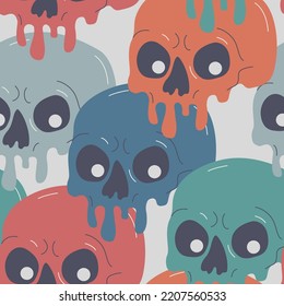 Psychedelic drippy paint skull seamless pattern. Acid abstract dead character in cartoon style on dark background. Halloween background. Spooky creepy vector illustration for textile fabric design