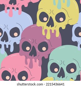 Psychedelic drippy paint skull seamless pattern. Acid abstract dead character in cartoon style on dark background. Halloween background. Spooky creepy vector illustration for textile fabric design