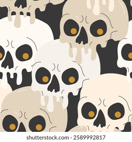 Psychedelic drippy paint skull seamless pattern. Acid abstract dead character in cartoon style on dark background. Halloween background. Spooky creepy vector illustration for textile fabric design