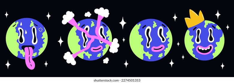 Psychedelic earth planet character set in trendy y2k cartoon style. Planet with crown, destroyed planet. Watery eyes. Weird trippy style and vibrant colors. Vector illustration. 90s-2000s nostalgia.