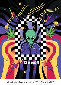 Psychedelic effects collage. Funky alien vector. Black hole portal to the space. Cannabis design