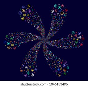 Psychedelic Electric Power spiral flower with six petals on a dark background. Suggestive flower with six petals done from random electric power items.