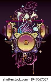 Psychedelic electronic music emblem -  colorful speakers and magic mushrooms